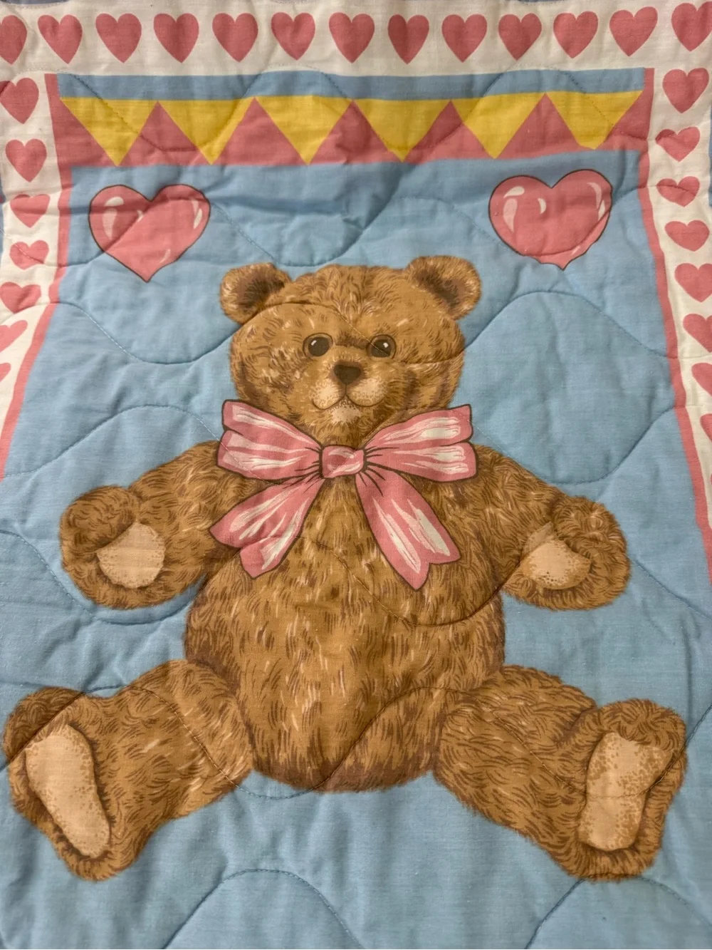 Stitched Teddy Bear Baby Quilt Blanket W/ Rocking Horses & Hearts - Vintage